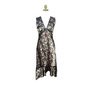 CDC Womens Black Floral Satin V-Neck Handkerchief Hem Midi Dress Size 10 SMP345